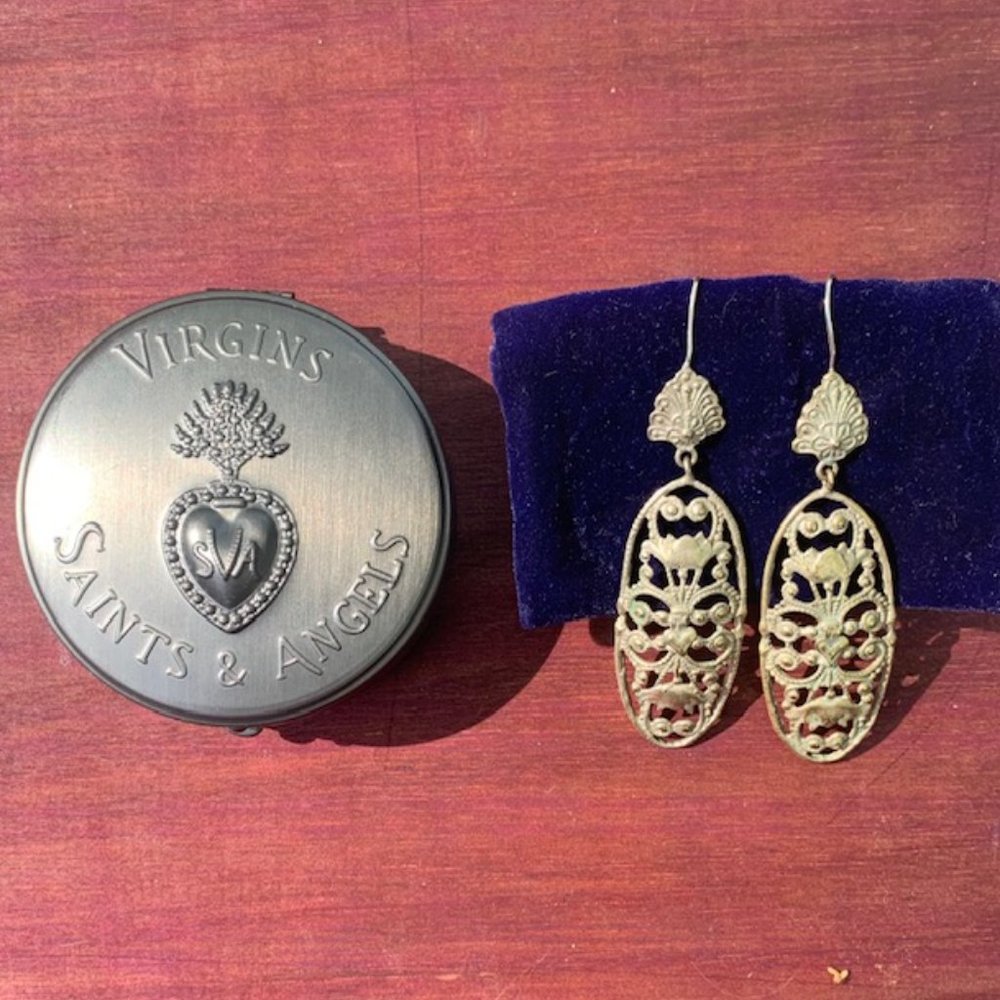 Virgins Saints & Angels earrings with mirrored jewelry case
